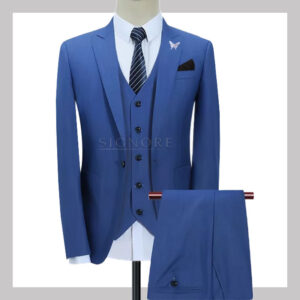 Single button sharp blue 3 piece suit with same fabric vest