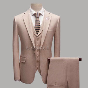 light gold customized three piece suit with single breasted V-cut waistcoat