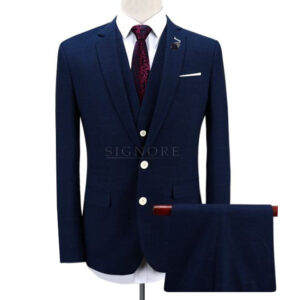 navy blue customized three piece suit with round bottom and double button