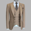 camel color3 piece suit with V neck shawl lapel double breasted