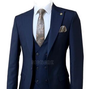 custom made navy blue 3 piece suit with V neck double breasted waistcoat
