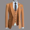 custom made camel slim fit peak lapel wedding suit with V neck contrast designer waistcoat